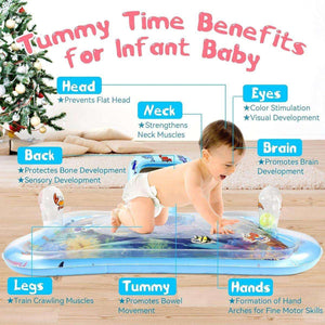 Baby on Toddly SplashMirror tummy time water mat highlighting developmental benefits for head, neck, eyes, brain, back, legs, tummy, and hands