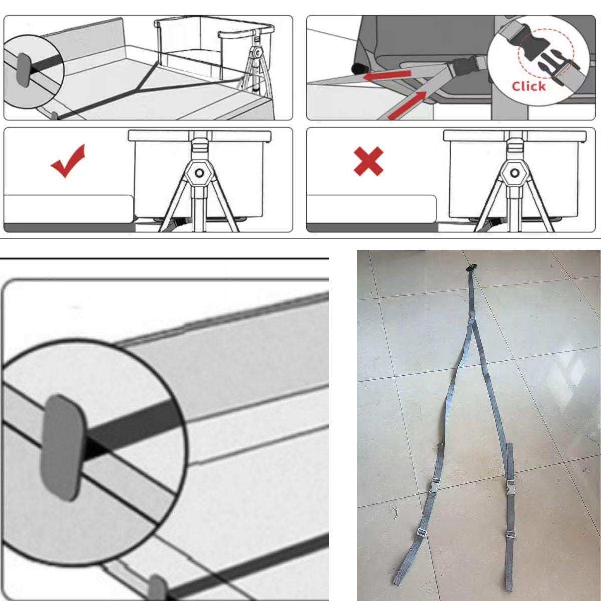 Adjustable gray safety strap for securing a Baby Bassinet & Bedside Co-Sleeper, shown in instructional diagrams and real photo