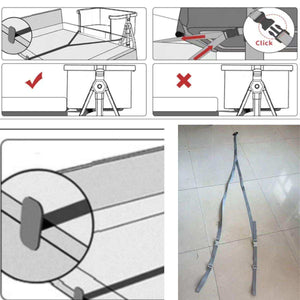 Adjustable gray safety strap for securing a Baby Bassinet & Bedside Co-Sleeper, shown in instructional diagrams and real photo
