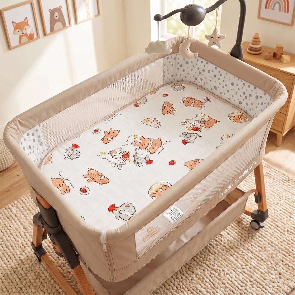 Baby Bassinet & Bedside Co-Sleeper in beige linen-cotton blend with playful animal print fitted sheet and soft mesh sides