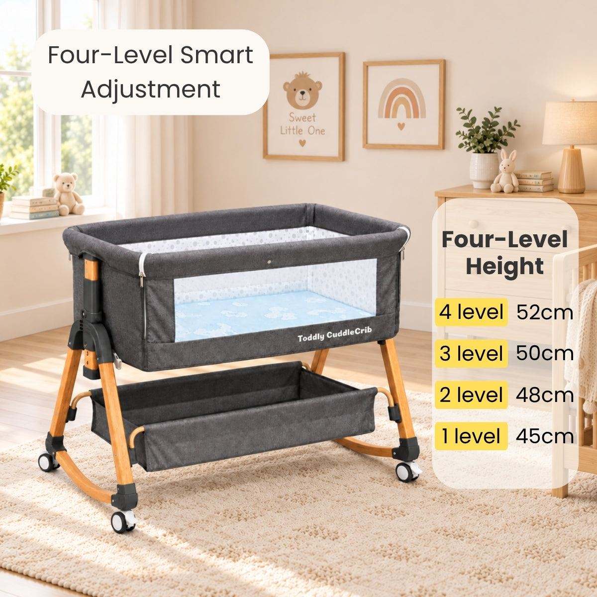 Baby Bassinet & Bedside Co-Sleeper in charcoal fabric with wooden legs and mesh side panels, featuring four-level height adjustment