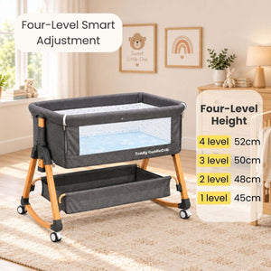 Baby Bassinet & Bedside Co-Sleeper in charcoal fabric with wooden legs and mesh side panels, featuring four-level height adjustment