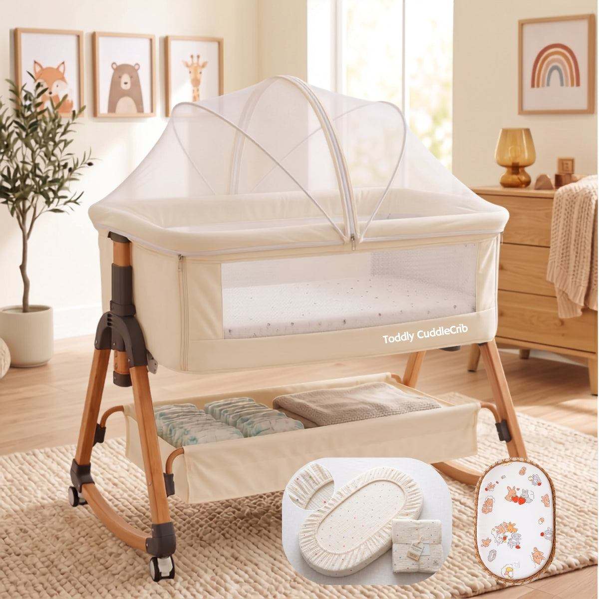 Baby Bassinet & Bedside Co-Sleeper in cream linen-cotton fabric with wood-grain steel frame, mesh side panels, attached mosquito net and under-bassinet storage