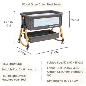 Baby Bassinet & Bedside Co-Sleeper in grey linen-cotton fabric with wood-grain steel frame, mesh sides, storage basket and rolling wheels