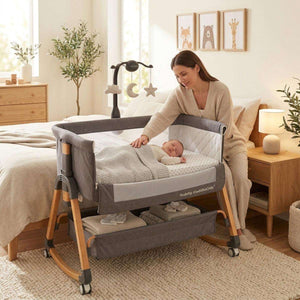 Baby Bassinet & Bedside Co-Sleeper in grey fabric with wood-grain finish frame, breathable mattress, and hanging toys