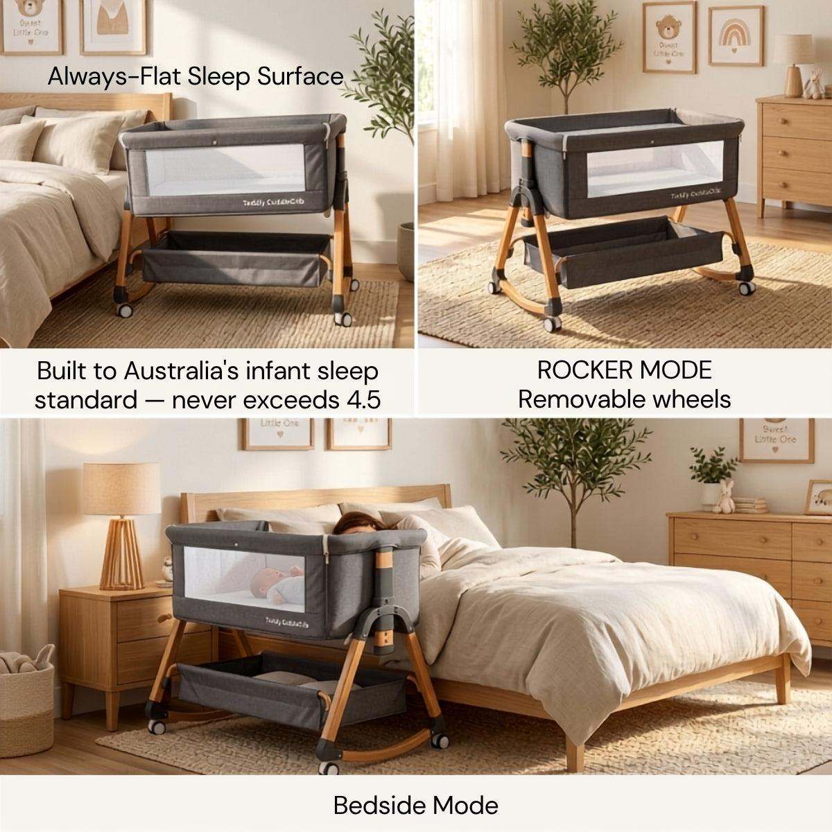 Baby Bassinet & Bedside Co-Sleeper in grey fabric with wood-tone legs and black wheels shown in flat sleep surface, rocker mode with removable wheels, and bedside co-sleeper mode beside bed