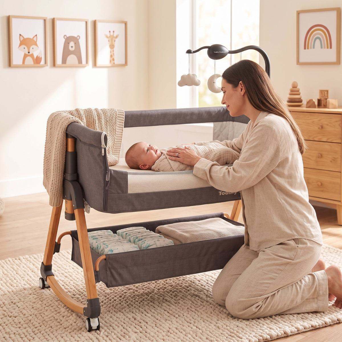 Baby Bassinet & Bedside Co-Sleeper in grey fabric with wooden legs, mesh sides, storage basket underneath, and mobile toy, with mother interacting with baby