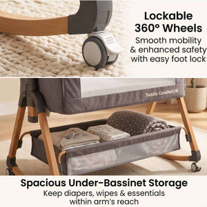 Baby Bassinet & Bedside Co-Sleeper featuring lockable 360-degree wheels and spacious under-bassinet storage with grey fabric and wooden frame