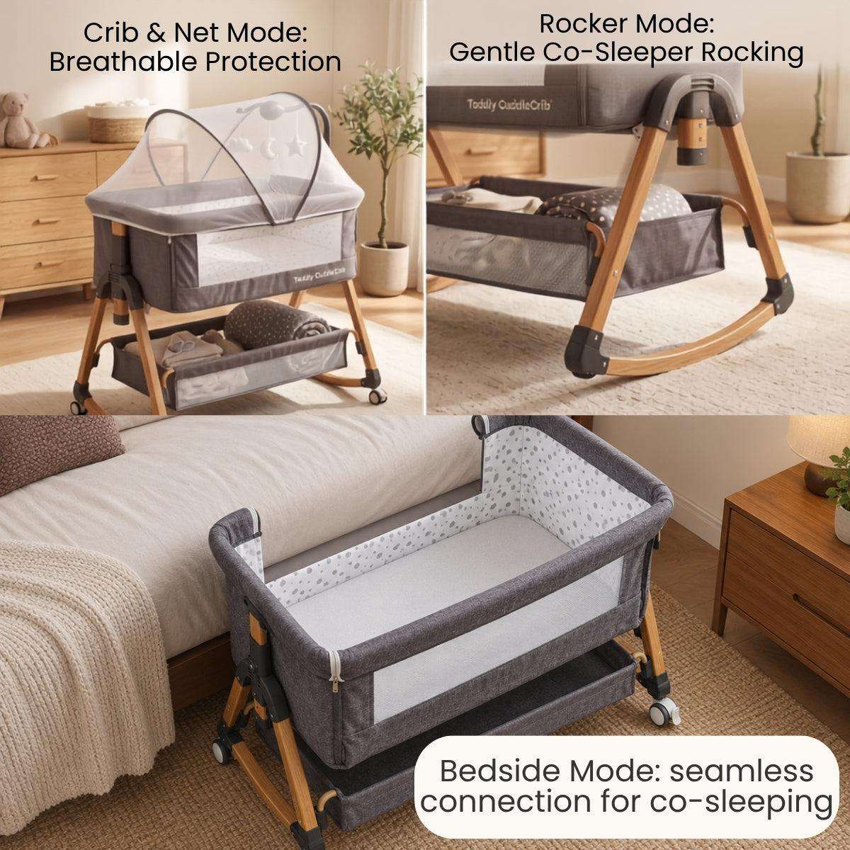 Baby Bassinet & Bedside Co-Sleeper in three modes: breathable mesh crib with mosquito net, wooden rocker frame, and grey fabric bedside sleeper with wheels
