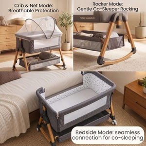 Baby Bassinet & Bedside Co-Sleeper in three modes: breathable mesh crib with mosquito net, wooden rocker frame, and grey fabric bedside sleeper with wheels