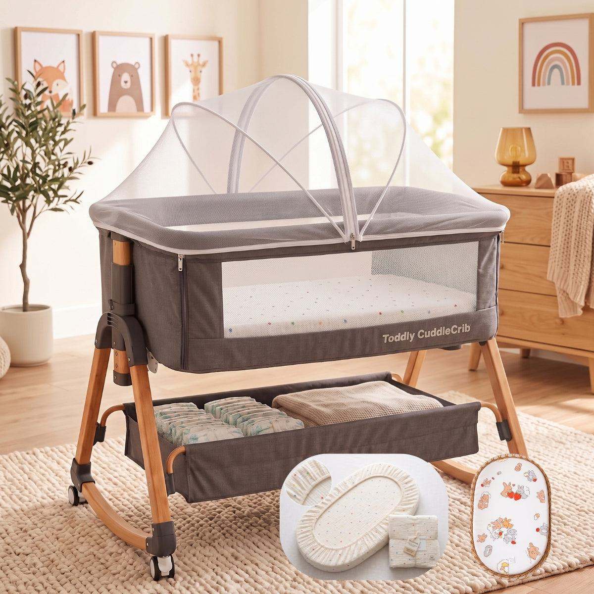 Toddly CuddleCrib V2 Baby Bassinet & Bedside Co-Sleeper in grey with wood grain legs and white mesh canopy