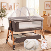 Toddly CuddleCrib V2 Baby Bassinet & Bedside Co-Sleeper in grey with wood grain legs and white mesh canopy