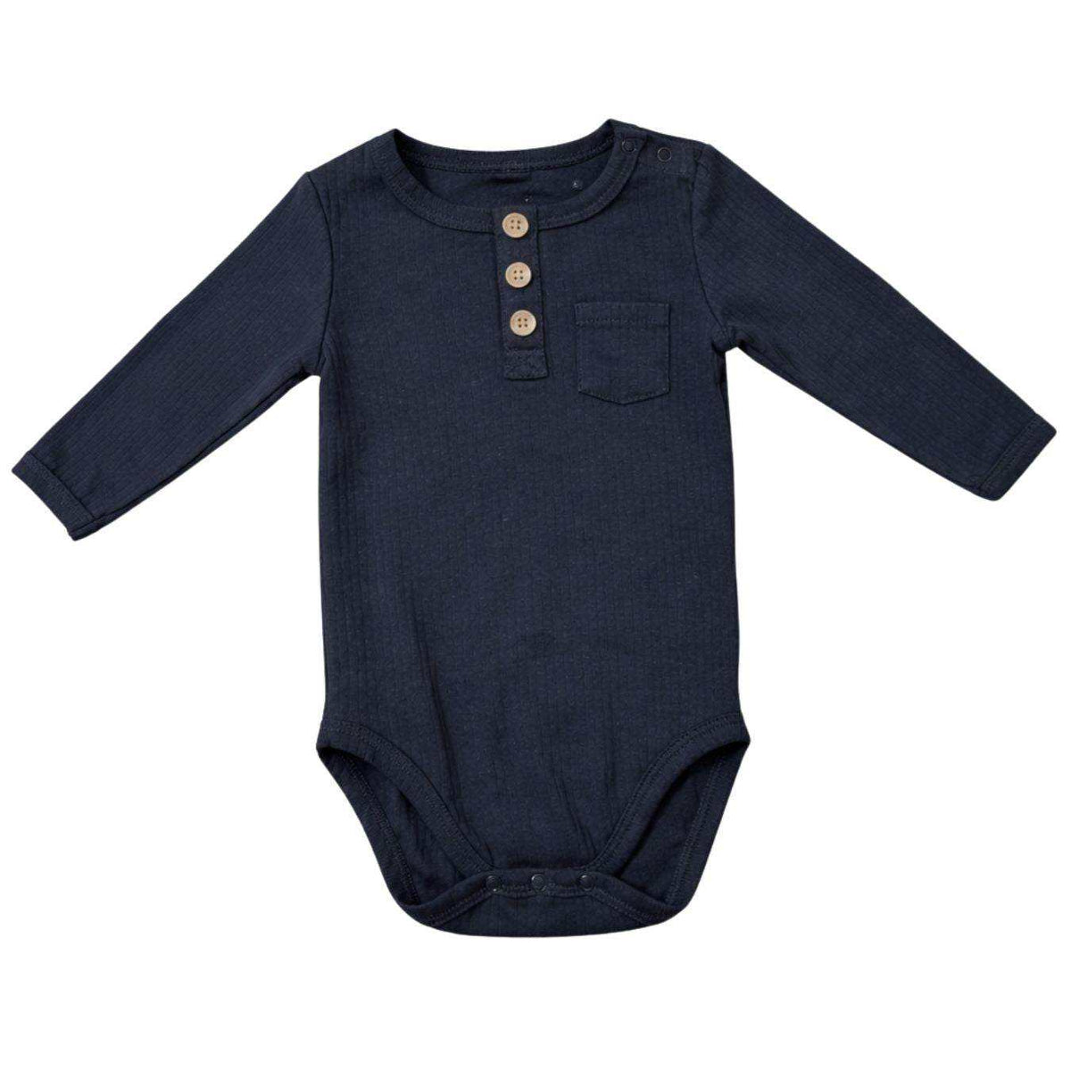 Feather & Fawn long sleeve baby bodysuit pack with navy, white, and blue stripe designs