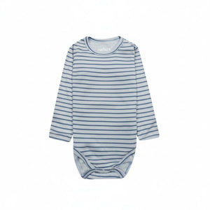 Feather & Fawn long sleeve baby bodysuits three pack in navy, white, and blue stripe