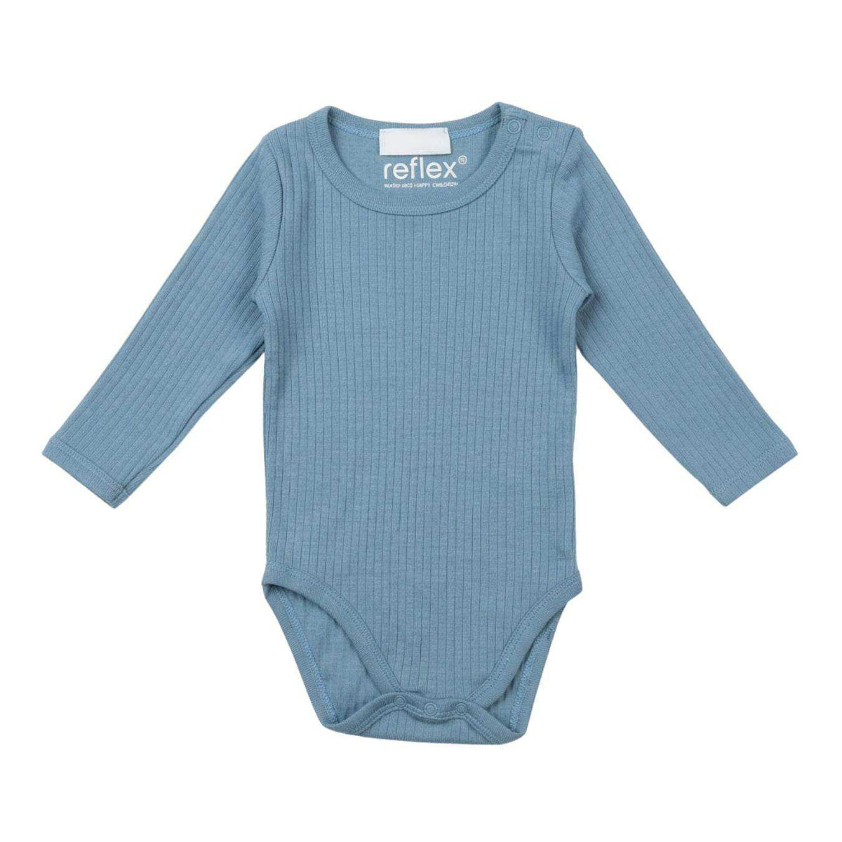 Feather & Fawn Reflex long sleeve baby bodysuits in navy, white, and blue stripe