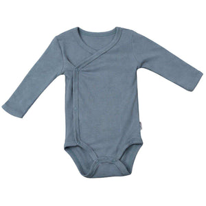 Feather & Fawn Reflex long sleeve baby bodysuits in navy, white, and blue stripe