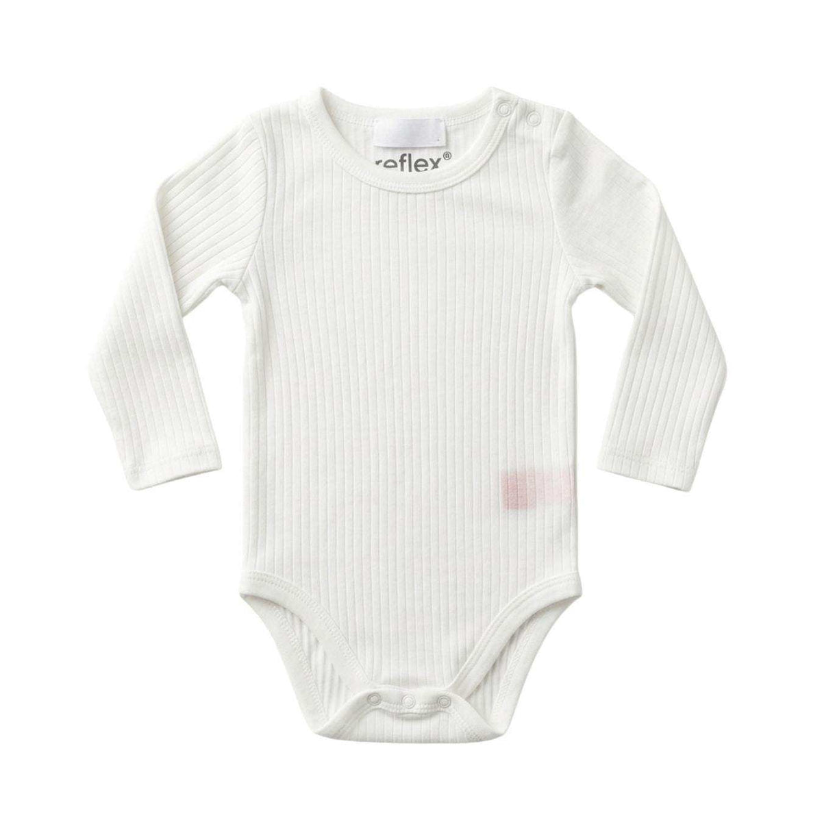 Feather & Fawn Reflex long sleeve baby bodysuits in navy, white, and blue stripe