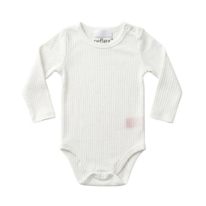 Feather & Fawn Reflex long sleeve baby bodysuits in navy, white, and blue stripe