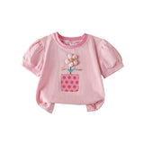 Baby girl cotton tee with 3D crochet daisy appliqués and ruffled butterfly sleeves