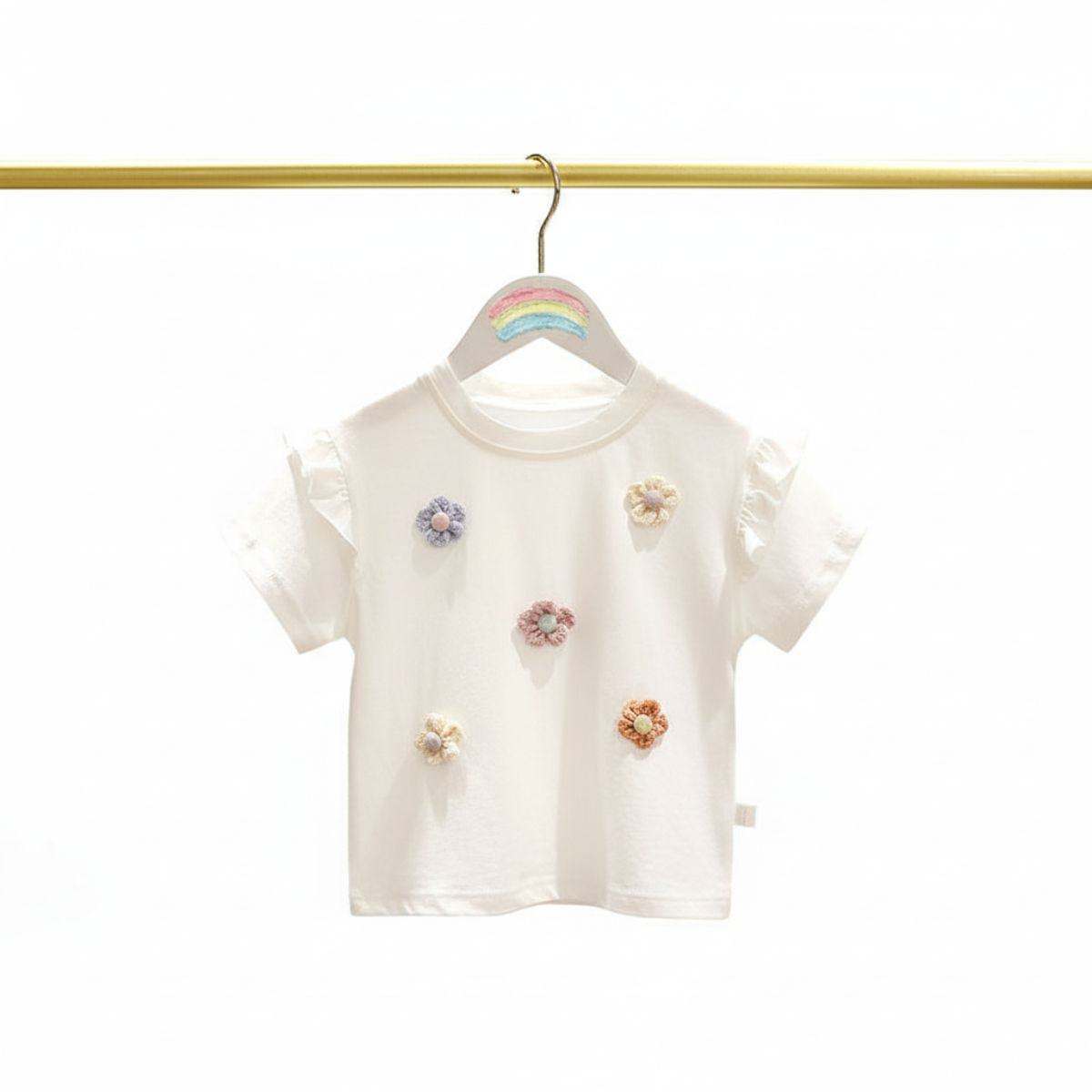 Baby girl cotton top with 3D crochet daisy appliqués and ruffled sleeves