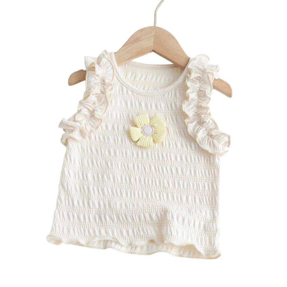Baby girl cotton tee with 3D crochet daisies and ruffled butterfly sleeves