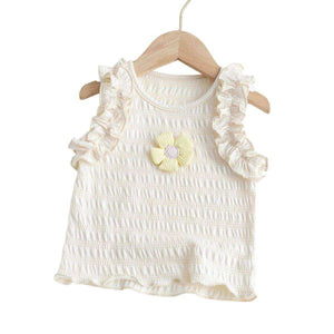 Baby girl cotton tee with 3D crochet daisies and ruffled butterfly sleeves