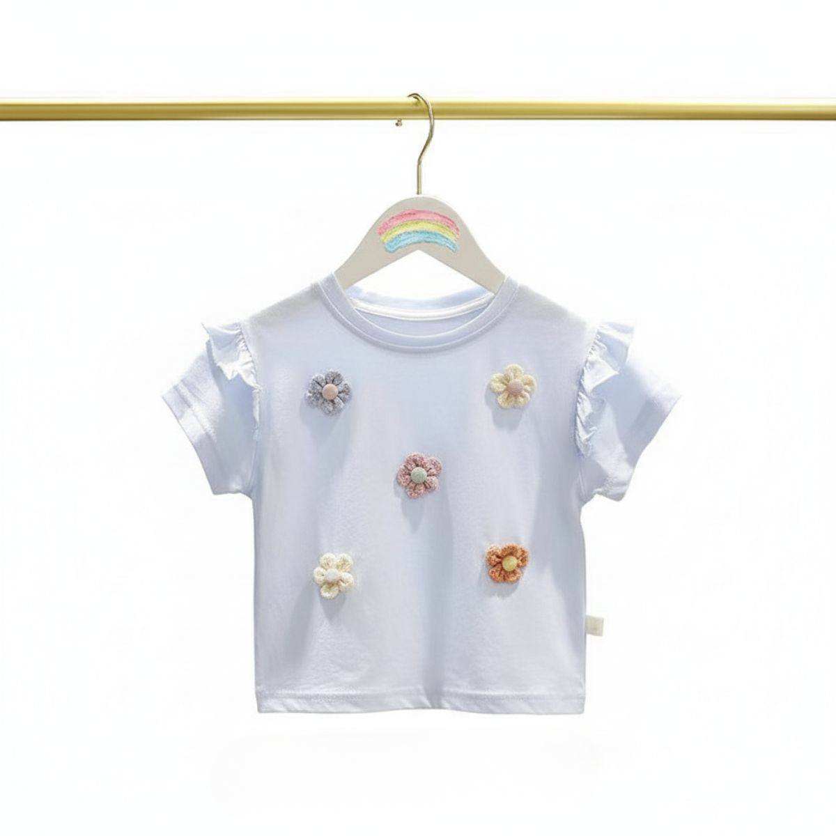 Baby girl cotton tee with 3D crochet daisy appliqués and ruffled sleeves