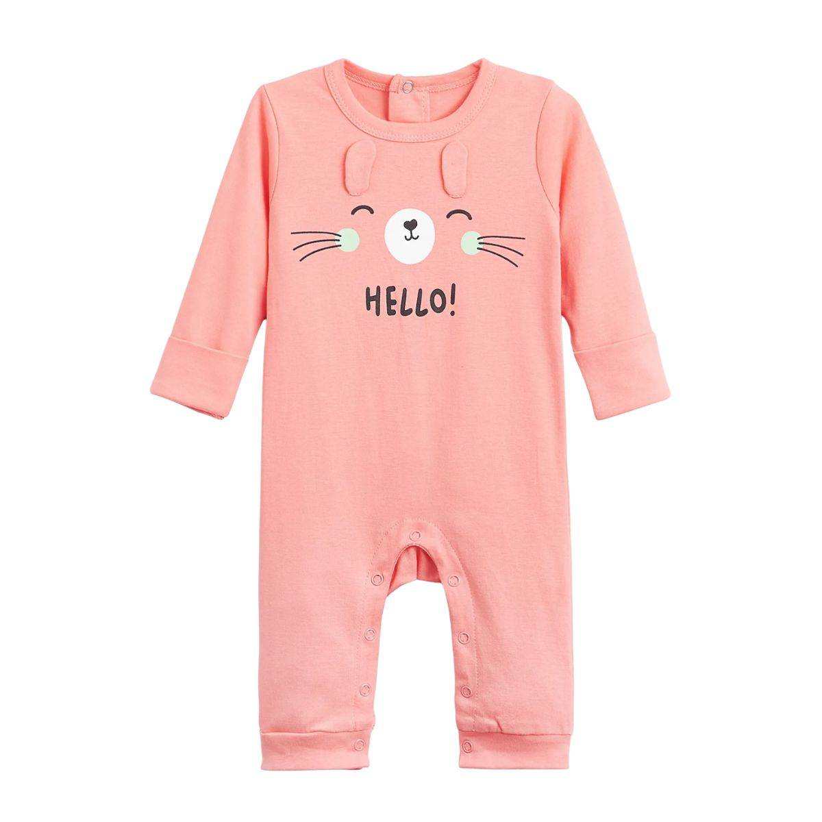 Baby romper with animal face and fold-over mitts
