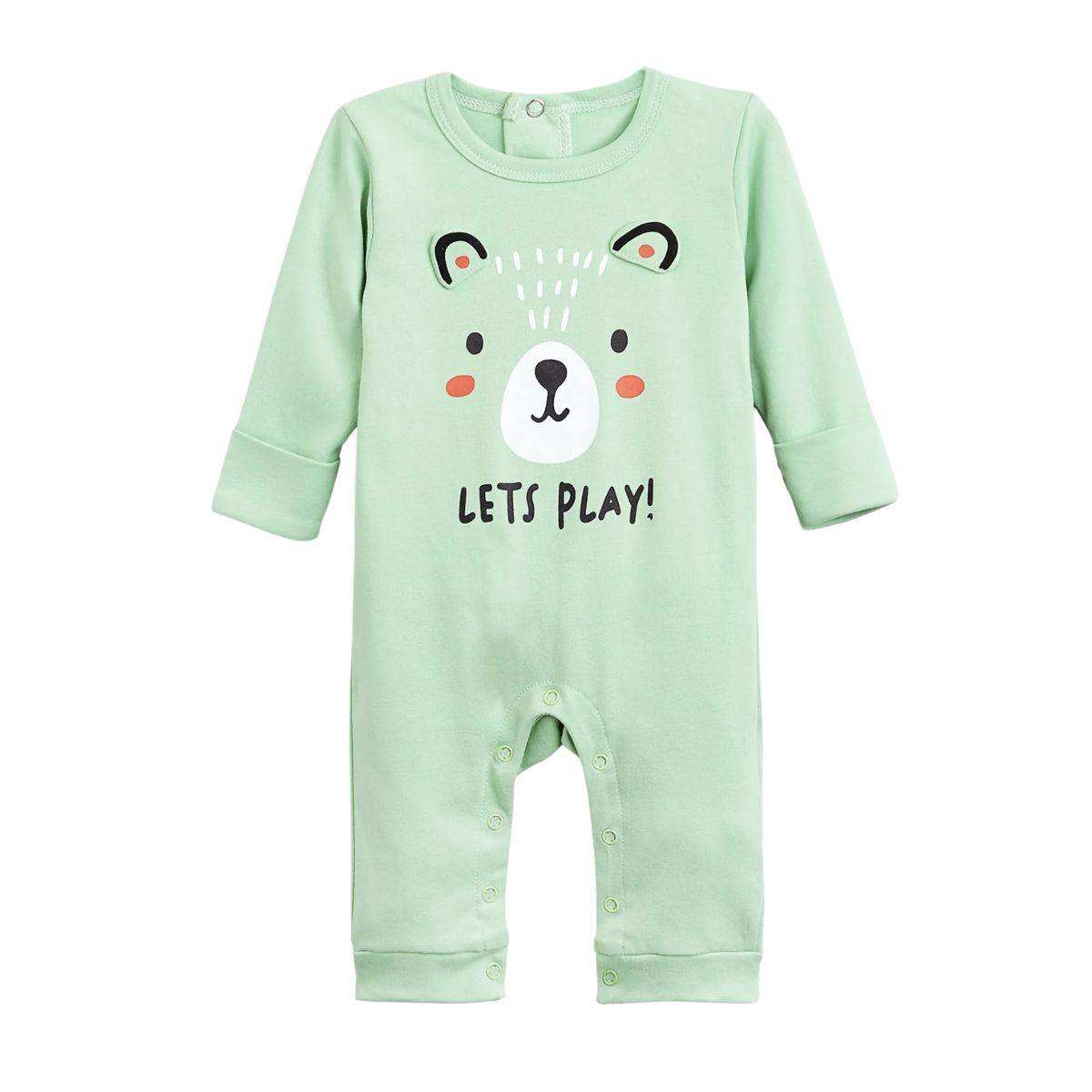 Baby romper with animal face and fold-over mitts in soft cotton