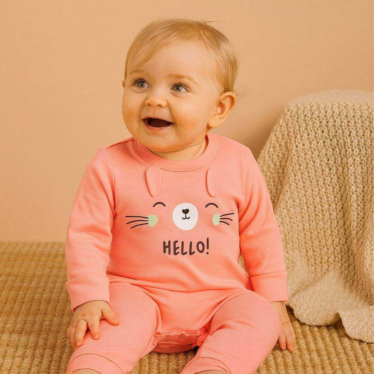 Feather & Fawn baby romper with animal face and fold-over mitts
