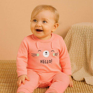 Feather & Fawn baby romper with animal face and fold-over mitts