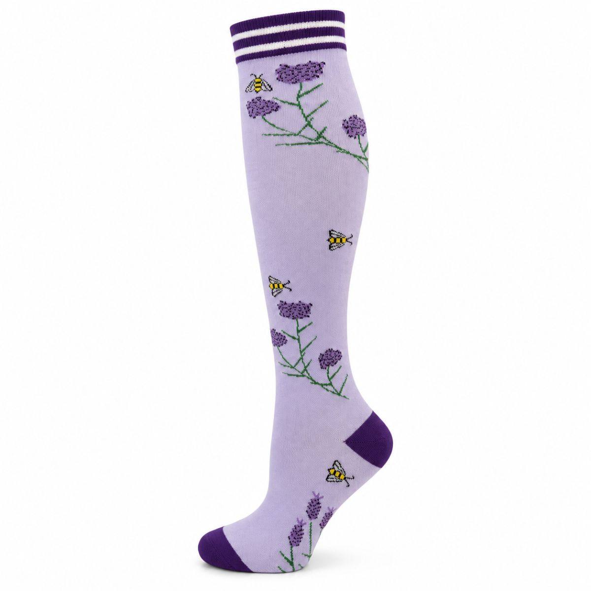 Compression Socks in light purple stretch knit with floral stems, small bees, and dark purple striped cuffs, heels and toes