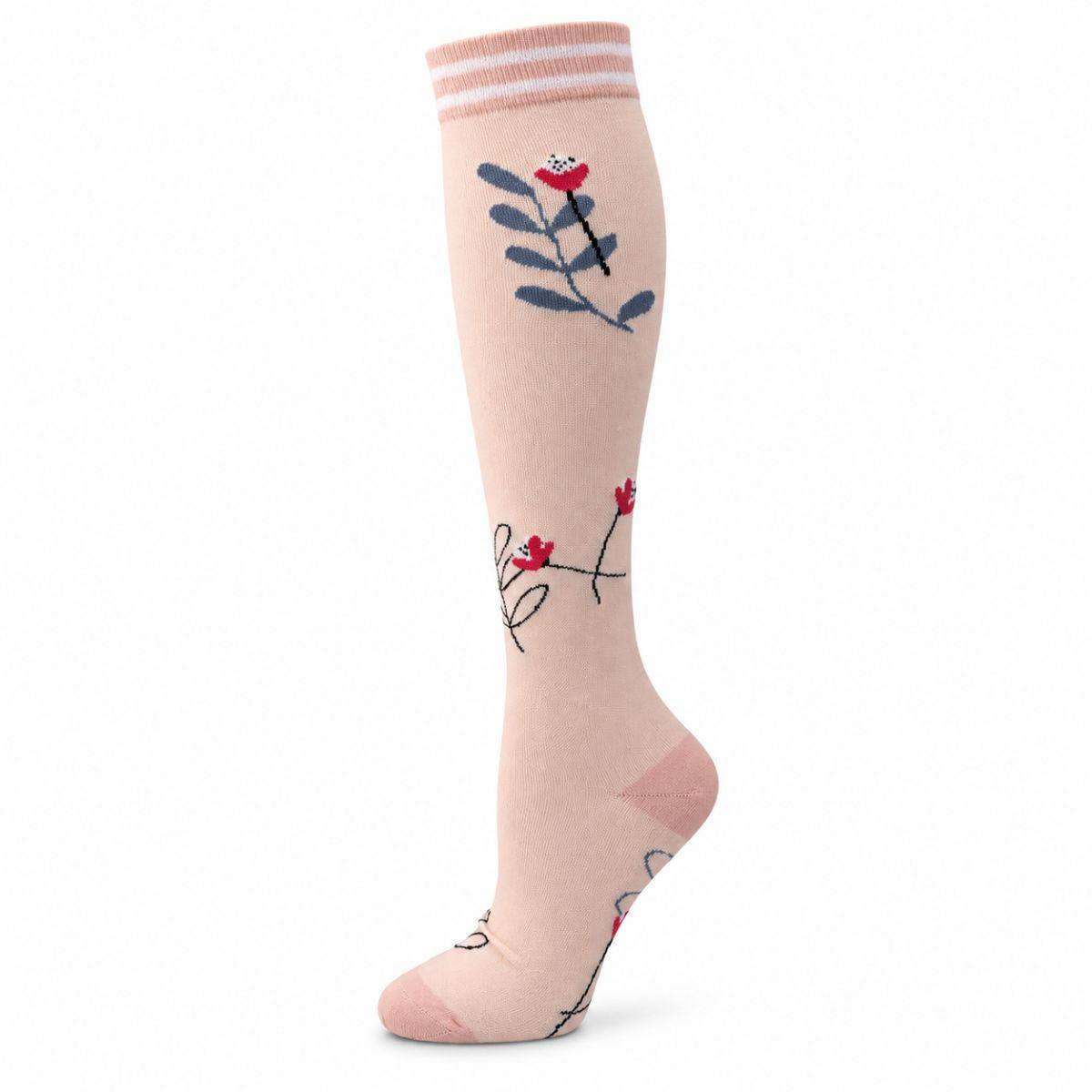 Compression Socks in pale pink knit with red and navy floral motifs, striped ribbed cuff and closed toe