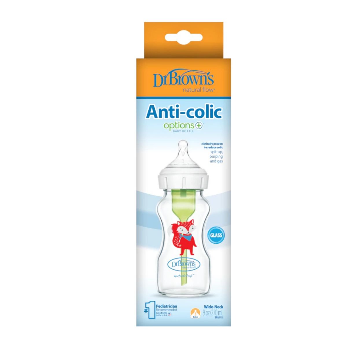 Dr. Brown's 9 oz/270 mL Glass Wide NeckOptions+ Baby Bottle w/ L3 Teat Fox, 1 - Pack Baby Bottle