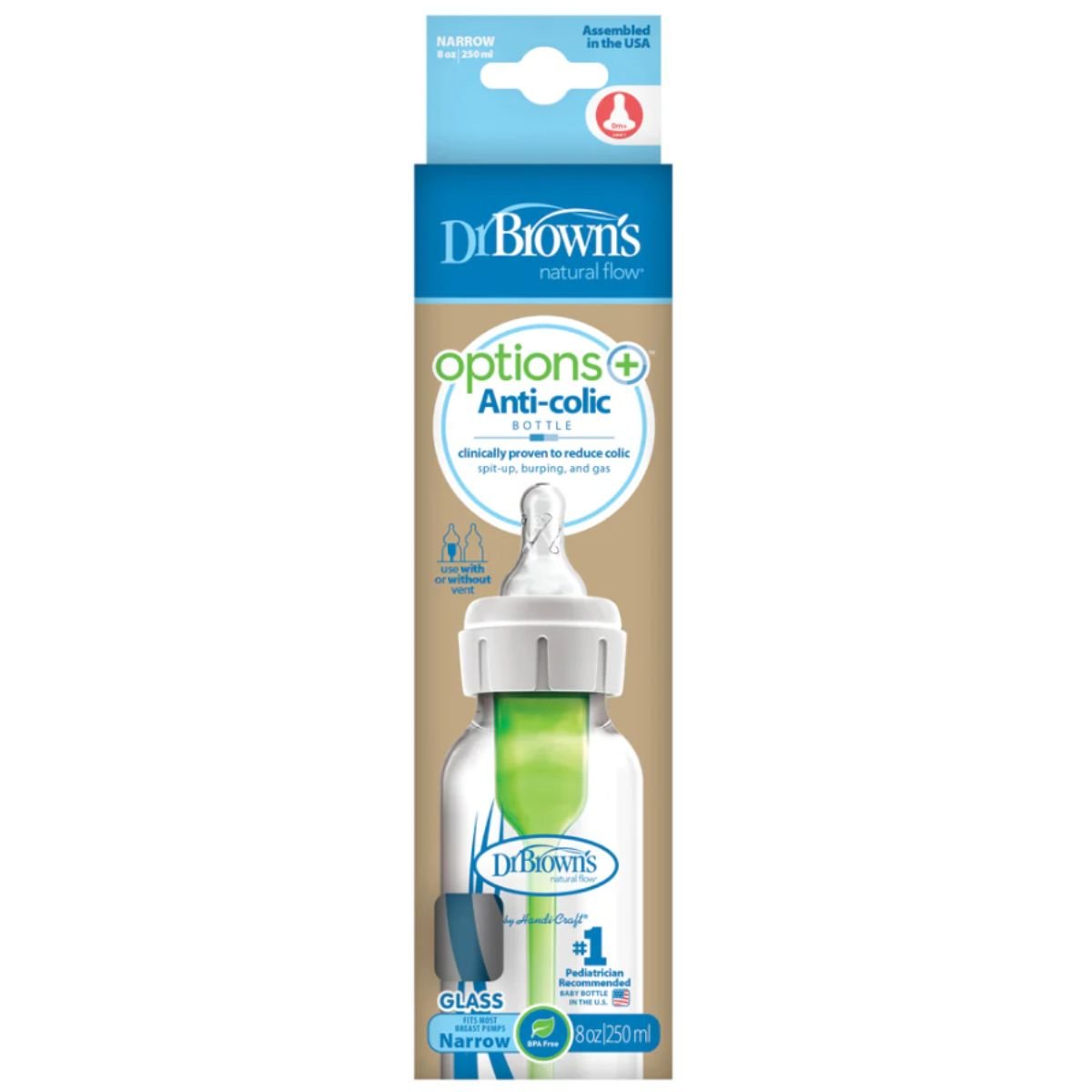 Dr Brown's Options+ Anti Colic Narrow Neck GLASS Bottle with Level 1 Teat, 120ml & 250ml Baby Bottle