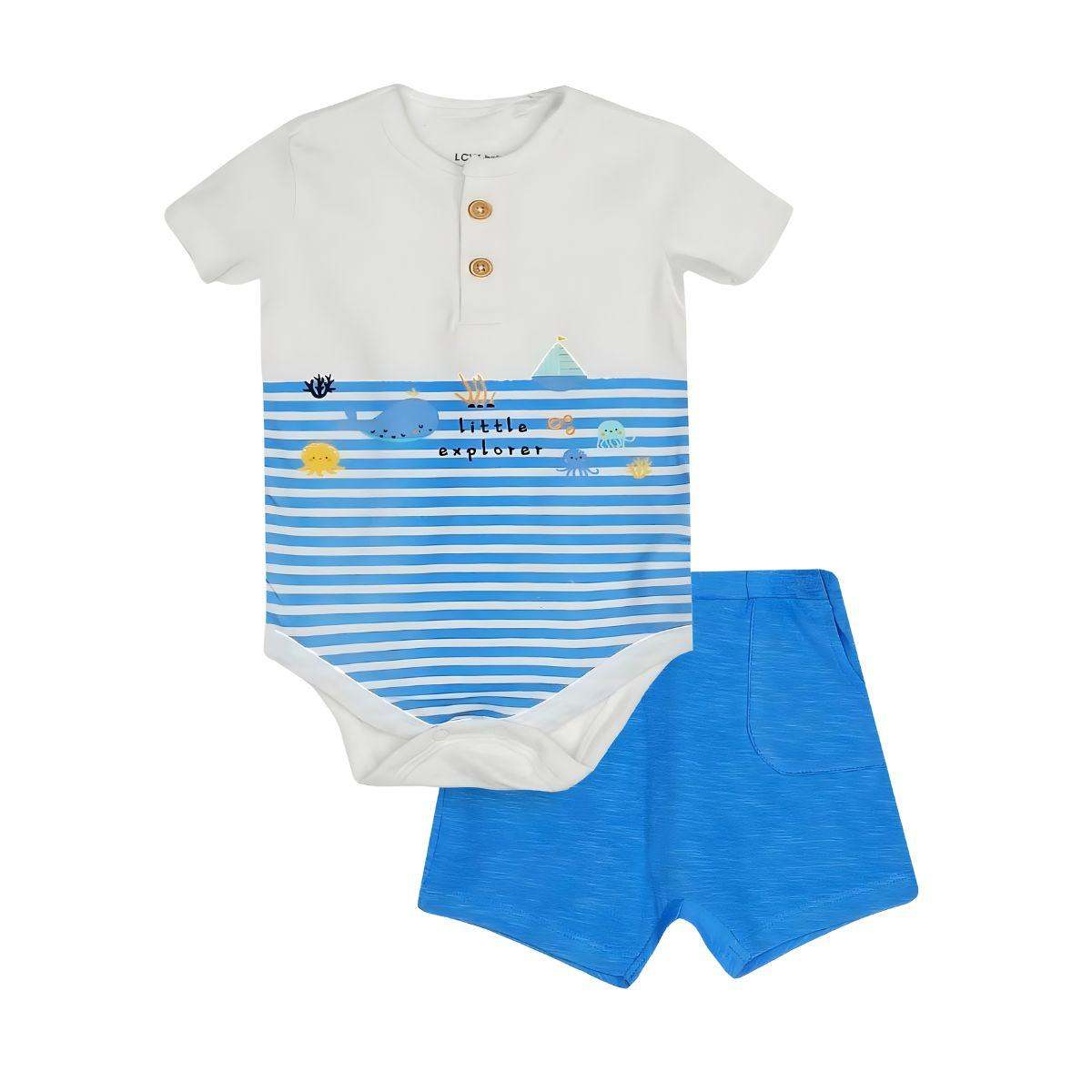 Feather & Fawn baby clothing set with henley bodysuit and cotton shorts