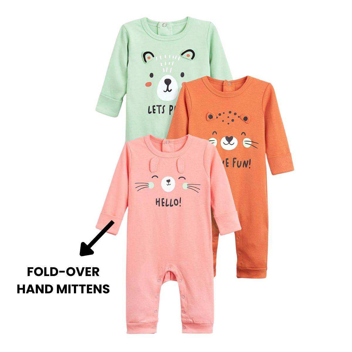 Feather & Fawn baby romper with animal face and fold-over mitts