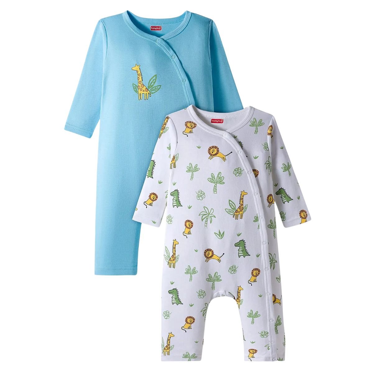 Feather & Fawn Babyhug Cotton Interlock Front - Open Romper | Animal Safari Print / Light Blue Giraffe Baby Clothes