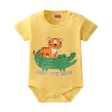 Feather & Fawn Babyhug Cotton Knit Half - Sleeve Baby Onesie | Safari Joy Ride, Jungle Animals, or Striped Baby Clothes