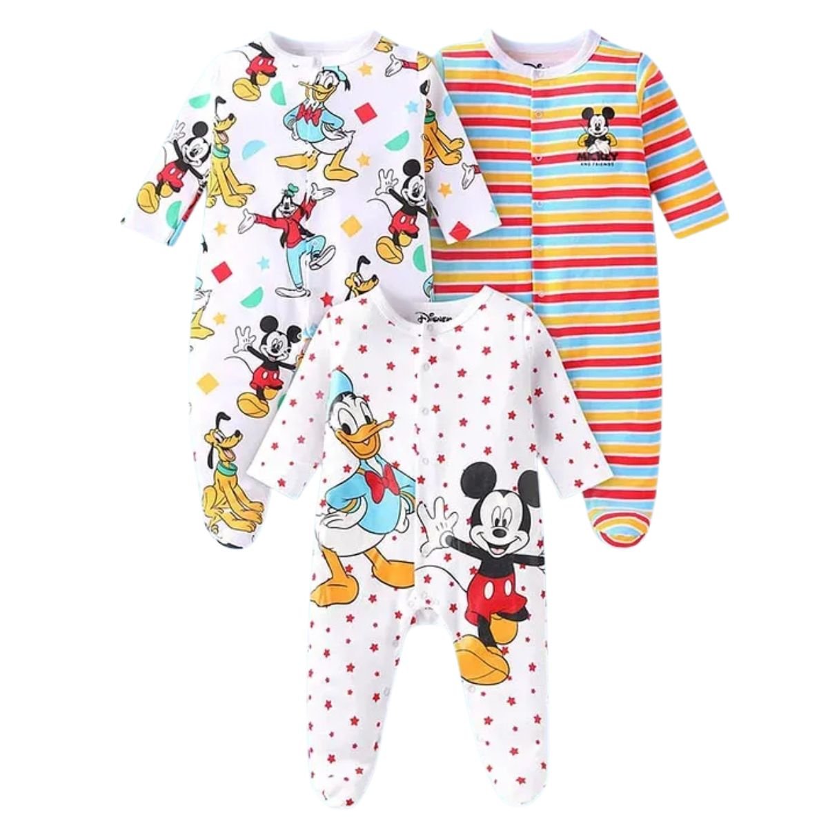 Feather & Fawn Babyhug Disney Full - Sleeve Baby Sleep Suit | Mickey, Donald, or Rainbow Stripes Baby Clothes