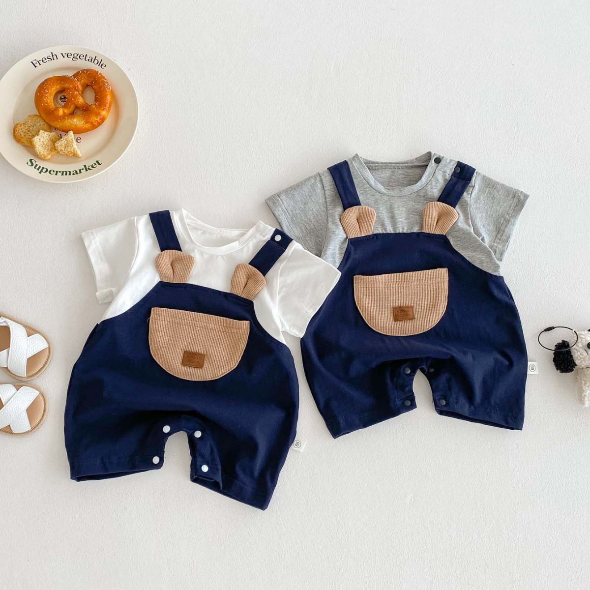 Feather & Fawn Bear Pocket Navy Romper Baby Clothes