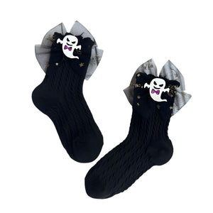 Feather & Fawn Halloween Bow Socks for Girls | Ghost or Pumpkin Design Halloween