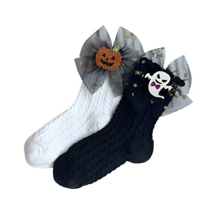 Feather & Fawn Halloween Bow Socks for Girls | Ghost or Pumpkin Design Halloween