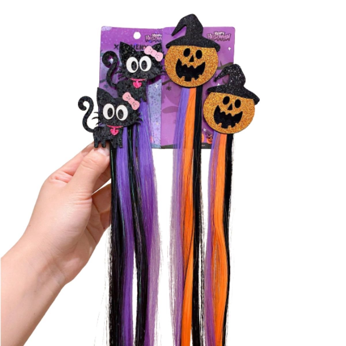 Feather & Fawn Halloween Hair Extensions Clip - On | Pumpkin Witch or Black Cat Design Halloween