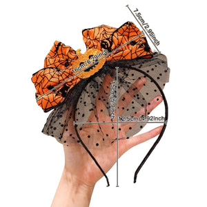Feather & Fawn Halloween Pumpkin Bow Headband | Glitter & Mesh Spiderweb Design Halloween