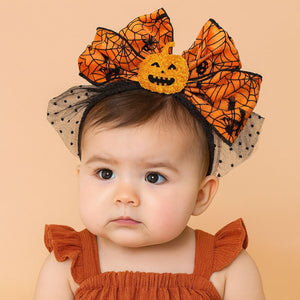 Feather & Fawn Halloween Pumpkin Bow Headband | Glitter & Mesh Spiderweb Design Halloween