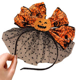 Feather & Fawn Halloween Pumpkin Bow Headband | Glitter & Mesh Spiderweb Design Halloween