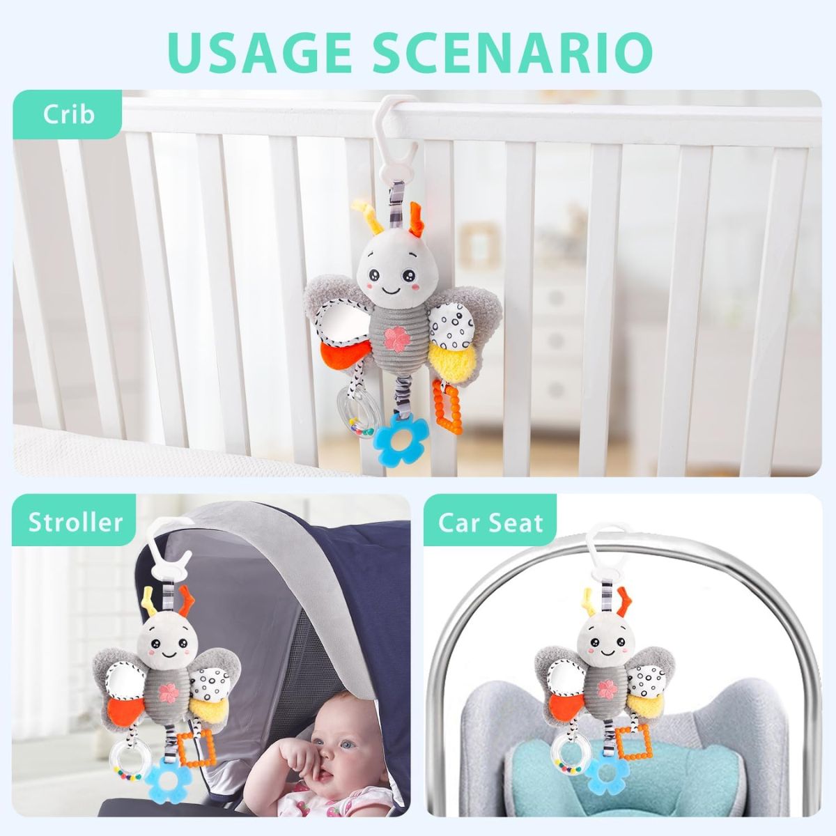 Feather & Fawn Hanging Toy for Prams & Strollers | Penguin, Bee, Rabbit, Parrot Pram Hanging Toy