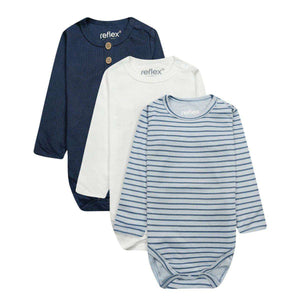 Feather & Fawn long sleeve baby bodysuits three pack in navy, white, and blue stripe