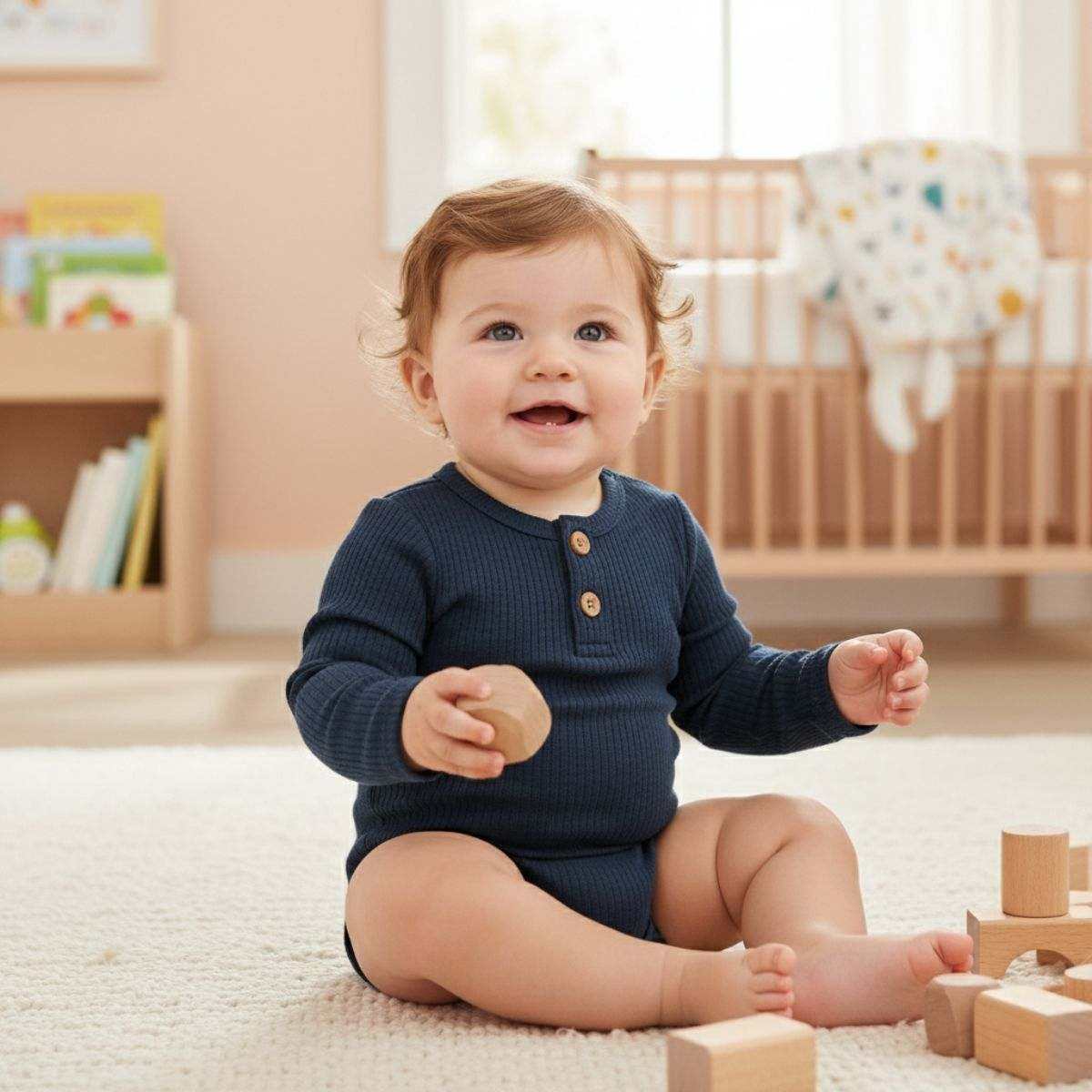 Feather & Fawn Reflex long sleeve baby bodysuits in navy, white, and blue stripe